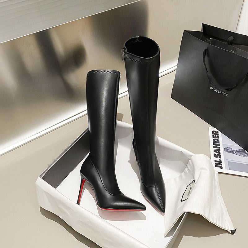 The Knee High-heel Zipper Black Long Toe Boots
