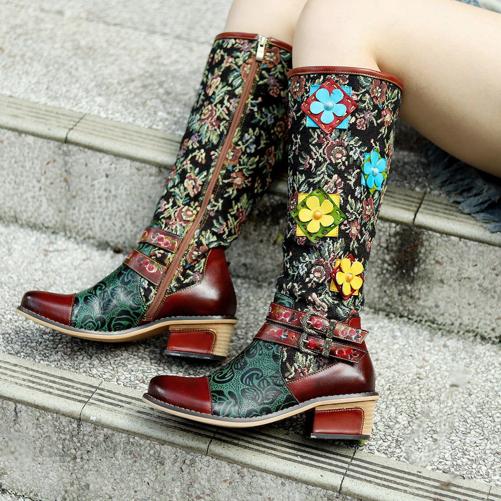 Hand-rub Color Printing Stitching Three-dimensional Flower Belt Buckle Comfortable Boots