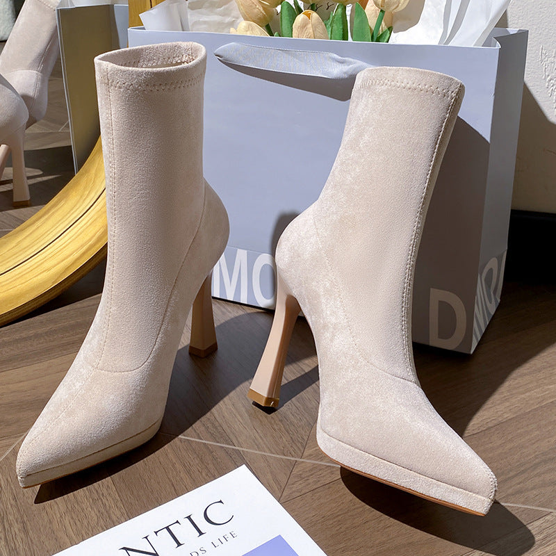 Women's Winter Stretch Fleece Skinny Socks Small Height Increasing Slimming Women's Leather Boots