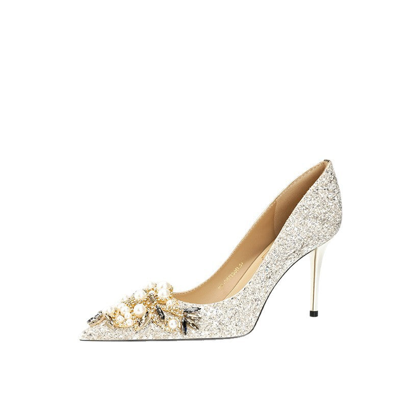 Women's Elegant Spring Sequined Pointed Pearl Sheepskin High Women's Shoes