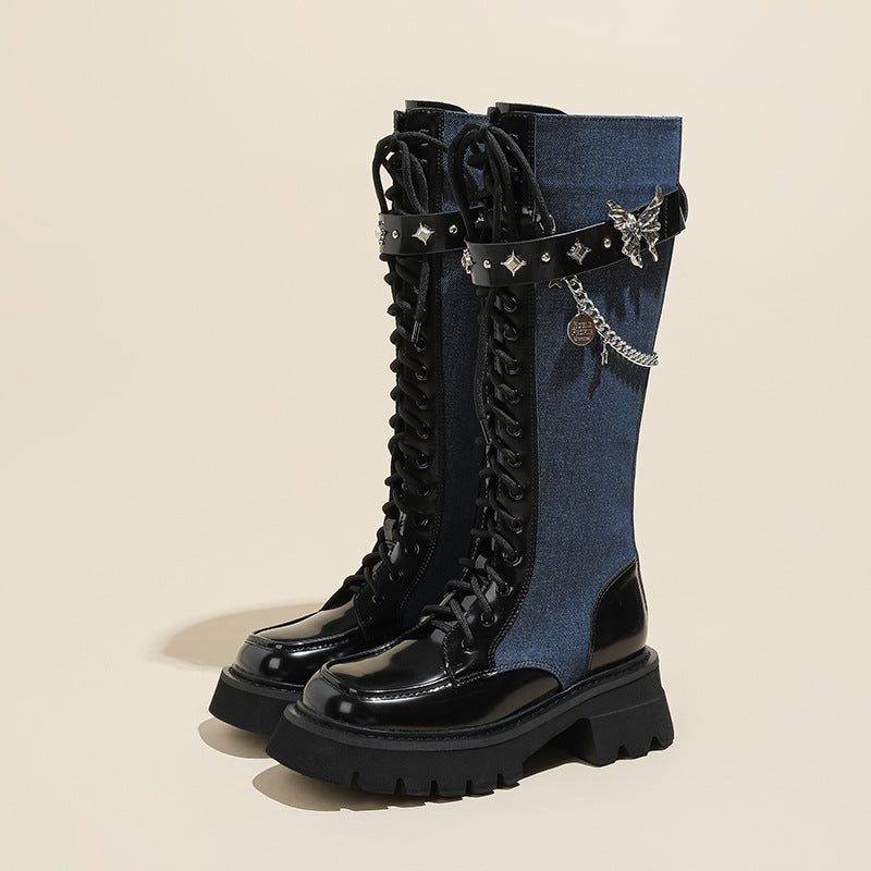 Women's Thick Metal Butterfly Chain Niche High Top Martin Boots