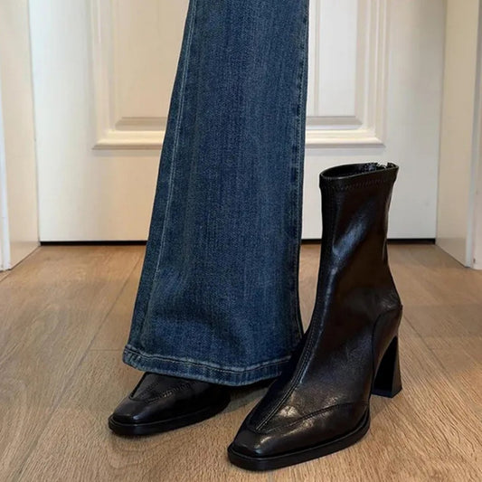Women's High Square Toe Skinny Short Chunky Women's Leather Boots
