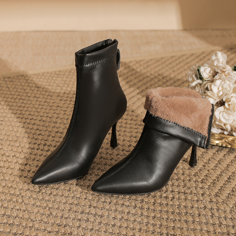 Women's Fleece-lined Zipper Pointed Toe Thin High Boots