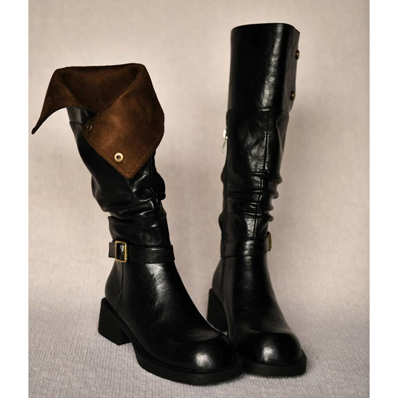 Women's Western Cowboy Round Head Metal Buckle Two-way Lapel Pleated Chunky Women's Leather Boots