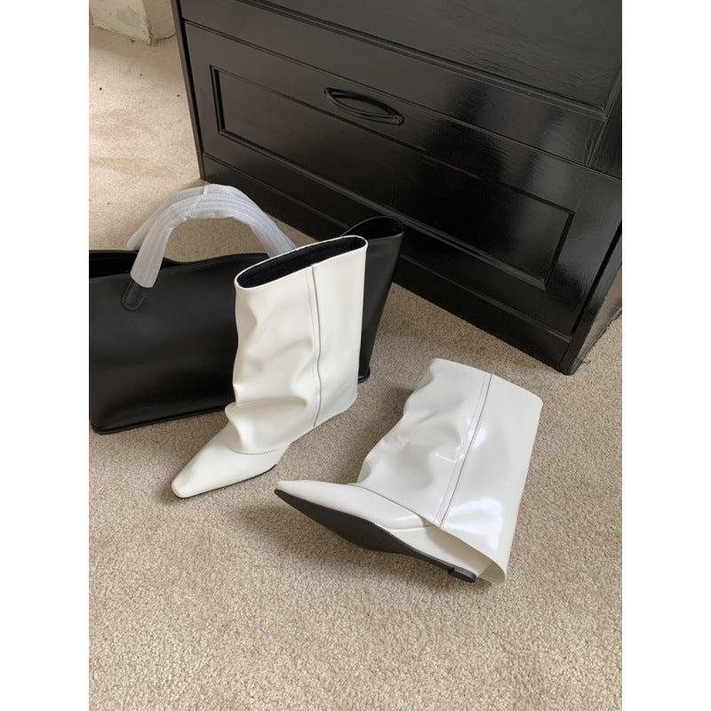 Hot Middle Pantyhose Wedge Early Autumn French Retro Female Women's Leather Boots