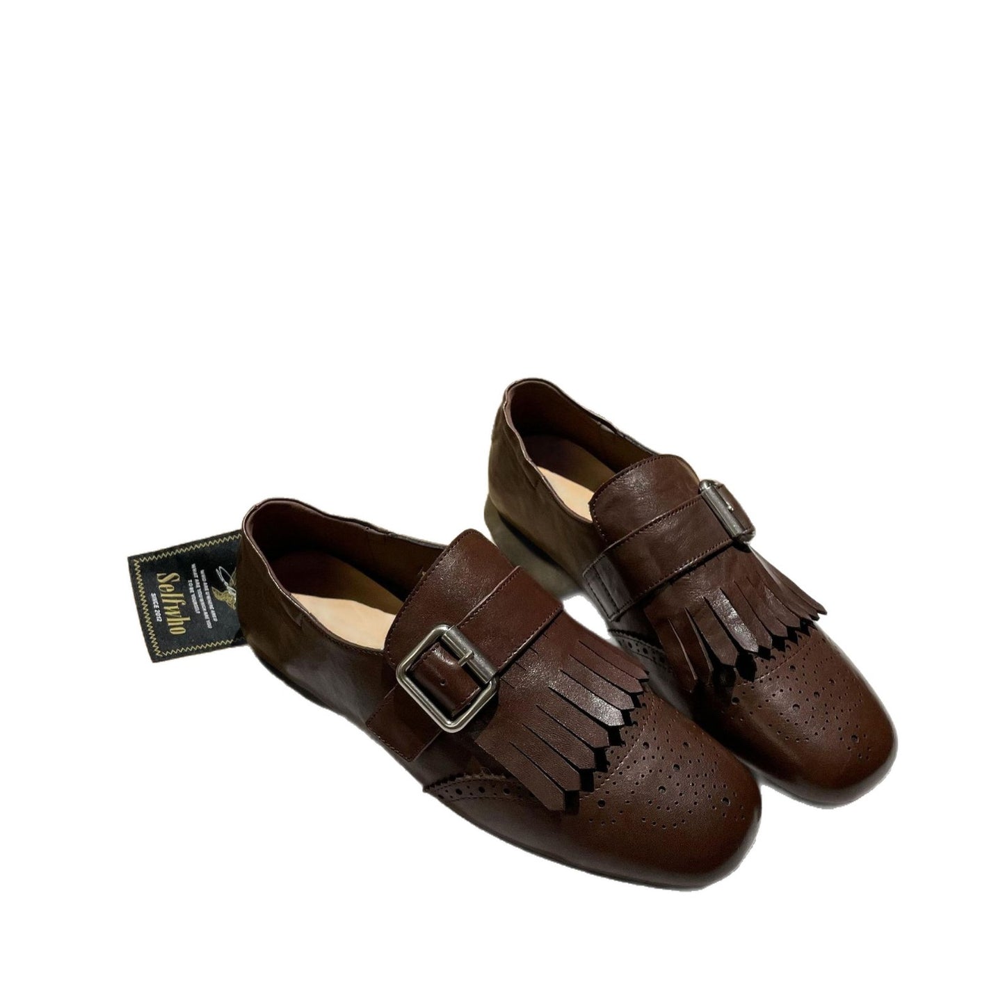 Women's Cowhide Square Head Carved Niche Tassel Spring Vintage Loafers