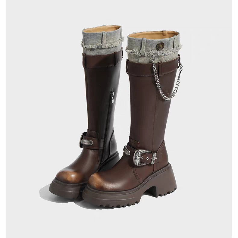 Women's Round Head Thick Bottom Knight Fashionable Stitching Women's Leather Boots