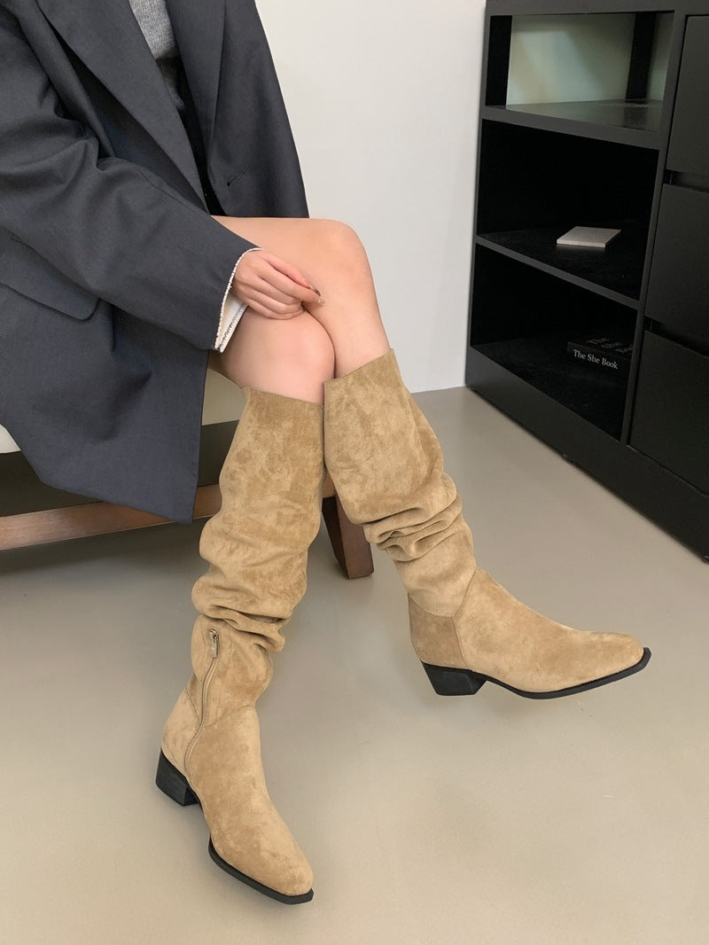 Female Tube Tail British Style Height Increasing Insole Square Women's Leather Boots