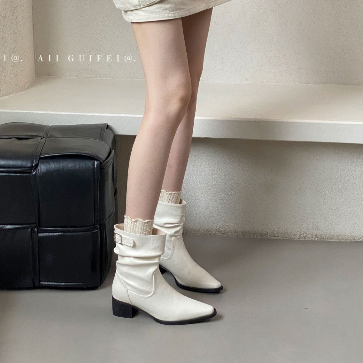 Women's High Short Slim Pile Style Chunky Women's Leather Boots
