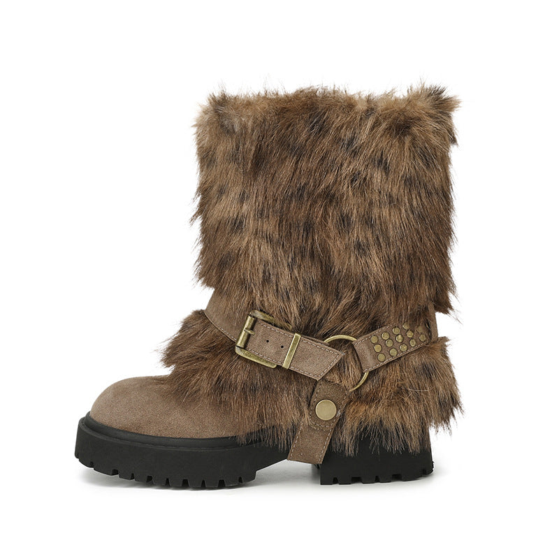 Women's Platinum Round Head Warm Imitation Fur Thick Millennium Style Hot Women's Snow Boots