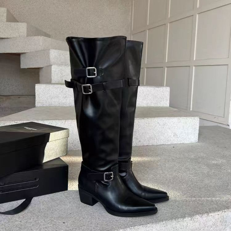 Style Thick Pointed Belt Buckle Tall Knight Hot Women's Leather Boots