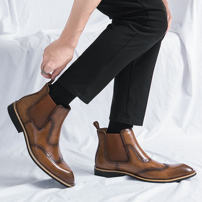 Men's Chelsea Retro Martin Height Increasing Leisure British Style Middle Men's Business Leather Shoes