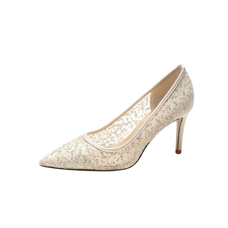 Women's Mesh Sequins Dress Bridesmaid Lace Banquet Heels