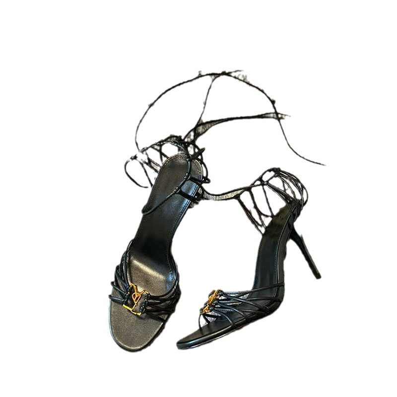 Women's Metal Letters Sexy Cross Cutout Open Toe Stilettos High Heeled Sandals