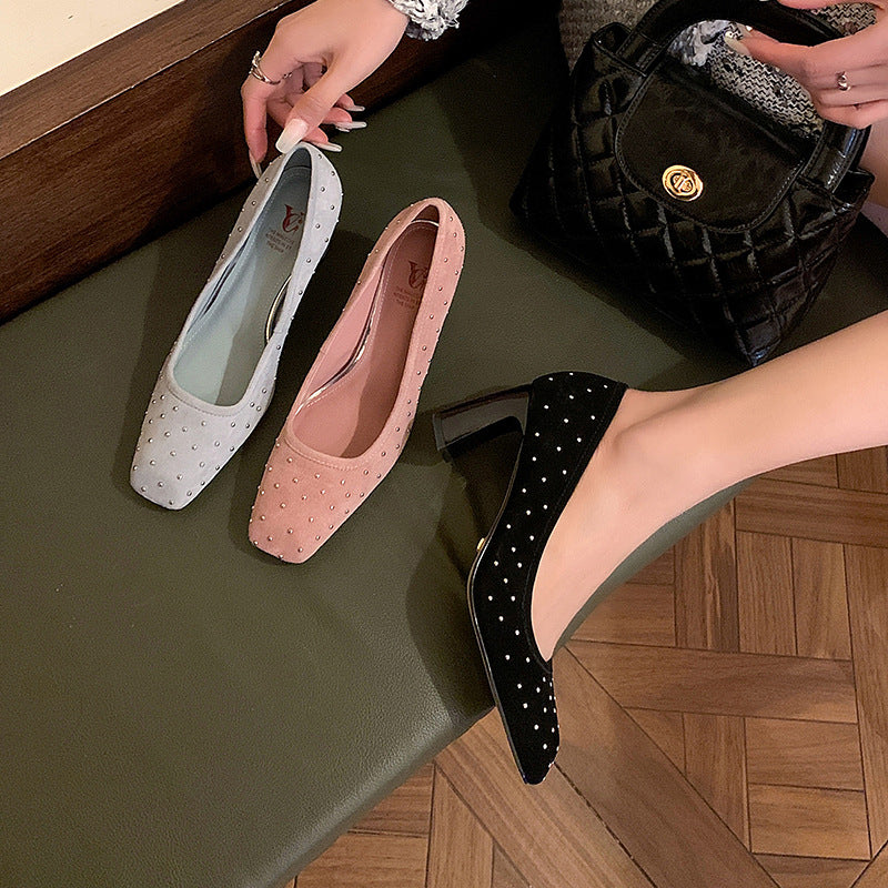 Women's Starry Sheepskin Affordable Luxury Style Rivet Square Toe Chunky Low-cut Heels