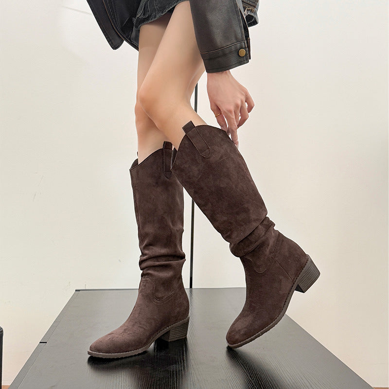 Women's Thick V Cut Martin Invisible Height Increasing Insole Pile Style Women's Leather Boots