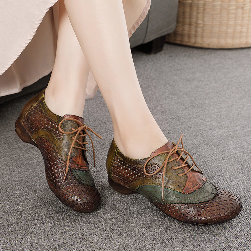 Women's Style Hand-rub Color Cowhide Hole Round Toe Comfortable Rainbow Artistic Men's Shoes