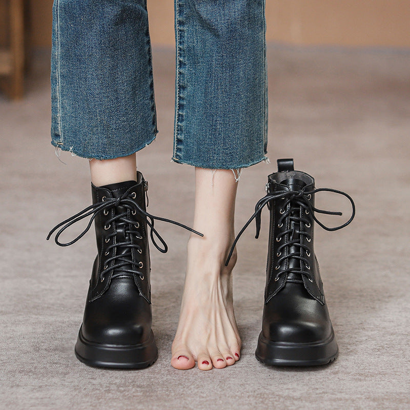 Women's Hight Increasing Martin Fleece-lined Black Retro Muffin Thick Bottom Boots