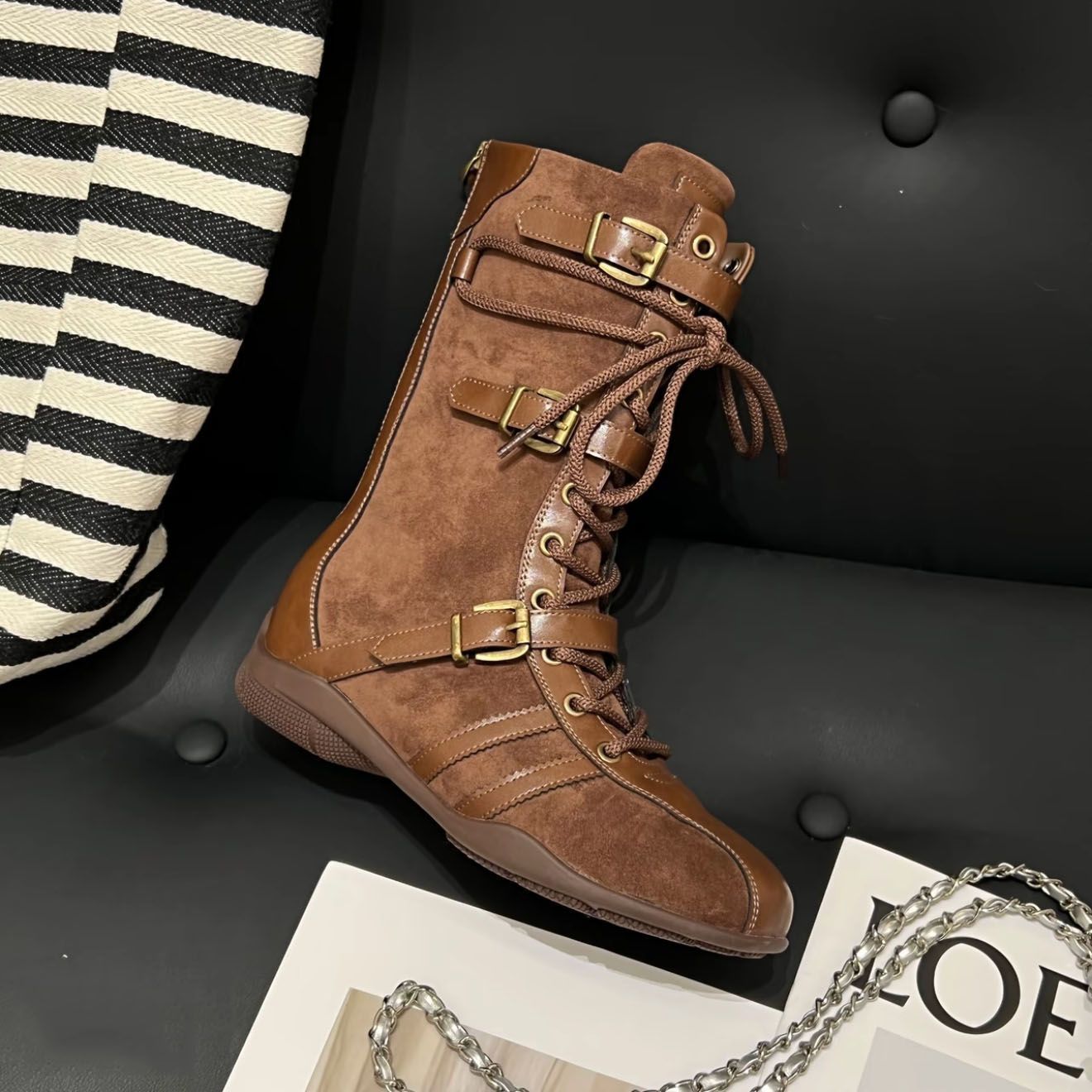Women's Genuine Version Flat Bottom Increased Boxing Wedge Stitching Belt Buckle Boots
