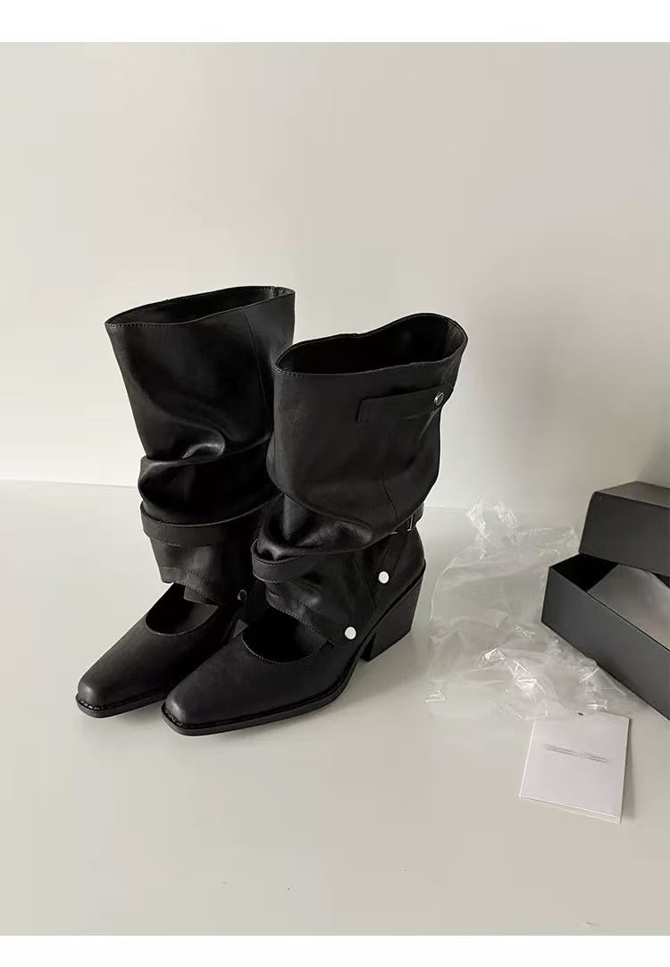 Women's Western Cowboy Pleated Pile Pants Pipe Black Round Retro Women's Leather Boots
