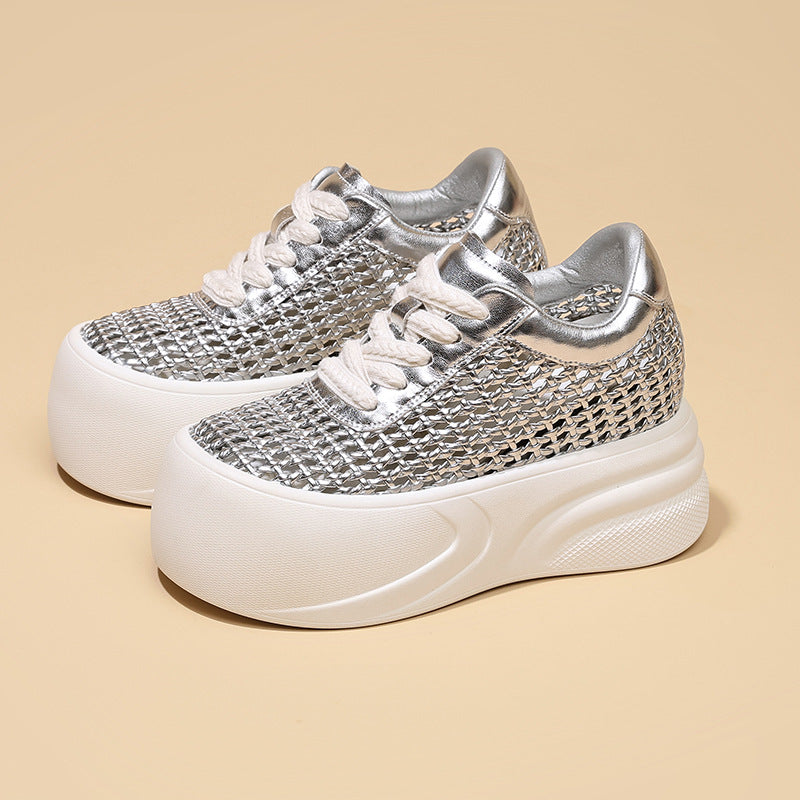 Women's White Thick-soled Summer Versatile Woven Sports Height Increasing Leisure Breathable Sneakers