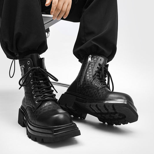 Men's Style Black Panel Side Zipper Round Toe Boots