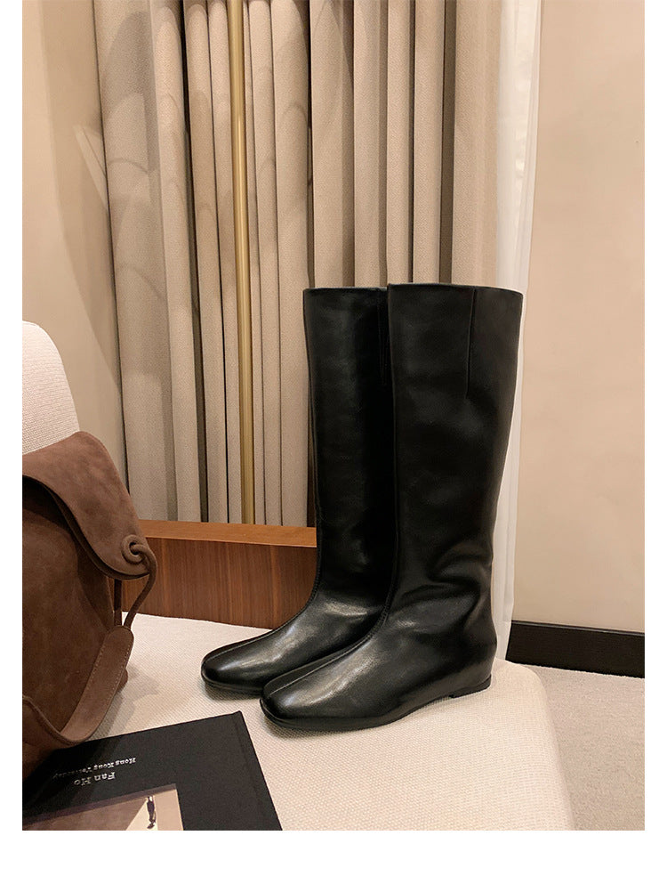 Mom Fleece-lined With Hidden Long Female Versatile Retro Head Skinny Women's Leather Boots