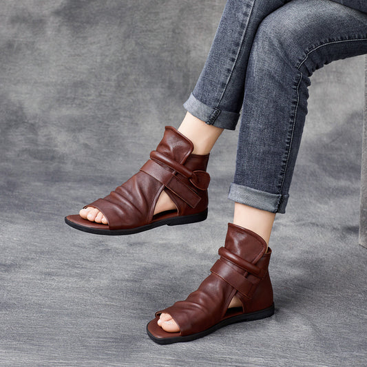 Handmade Cowhide Velcro Fish Mouth Single Flat Sandals