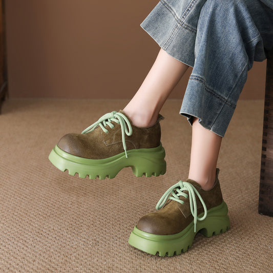 Women's Layer Cowhide Spring Retro Round Head Thick Bottom Women's Casual Shoes