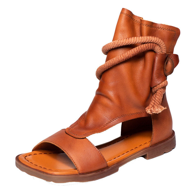 Summer Handmade Genuine Retro Bottom Soft Back Zipper Peep Boots