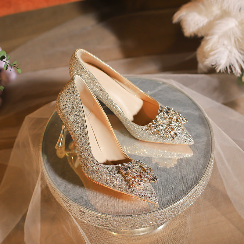 Women's Square Buckle Wedding Bride Dress Champagne French High Large Size Women's Fashion Shoes
