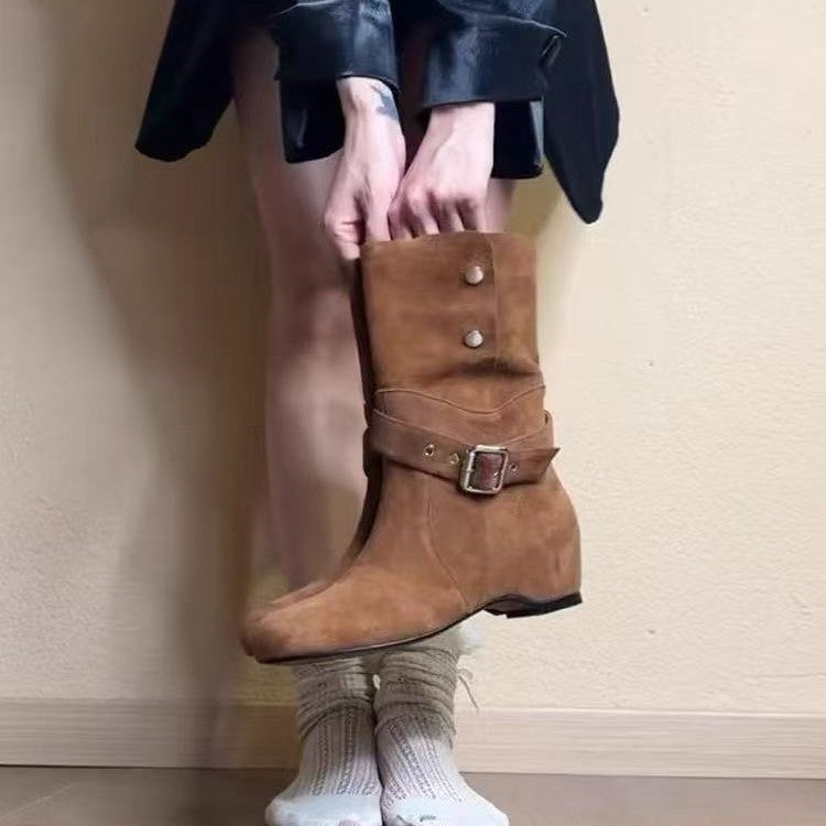 Women's Niche Vintage Suede Western Cowboy Two-way Round Toe Boots