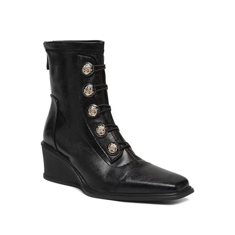 Handmade Mid French Style Retro Patchwork Square Women's Leather Boots