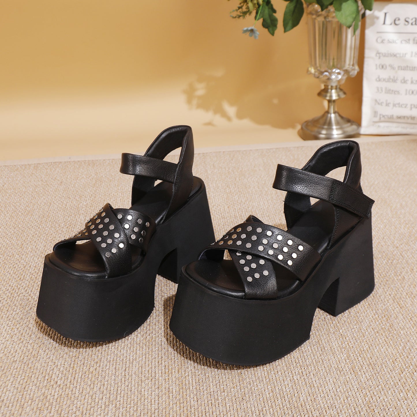 Women's Summer Pure Cowhide Small High-heeled Roman Sandals