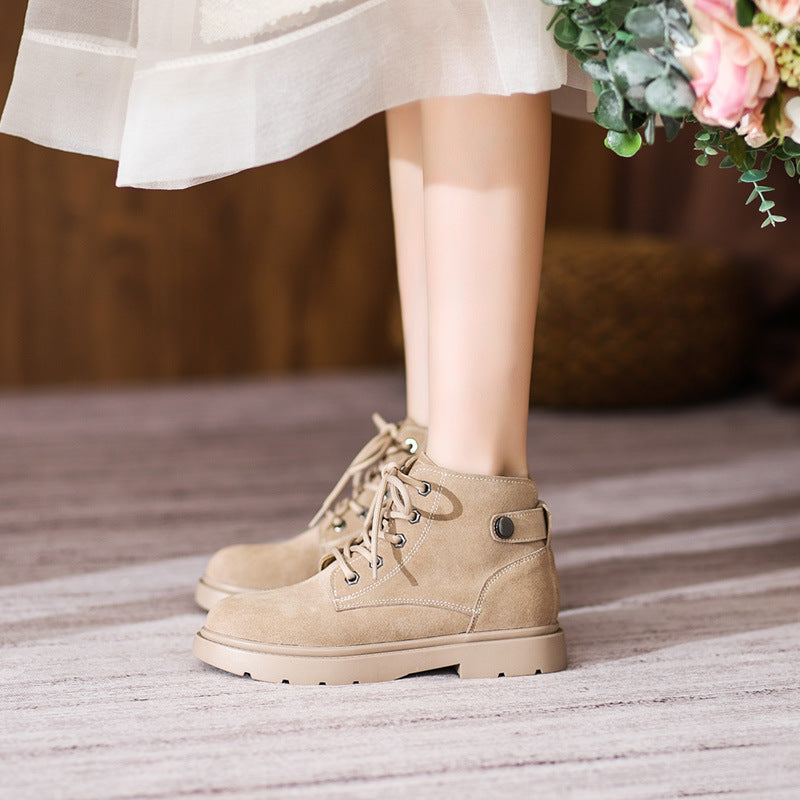 Women's Artistic Retro Ankle British Style Mid Flat Genuine Boots