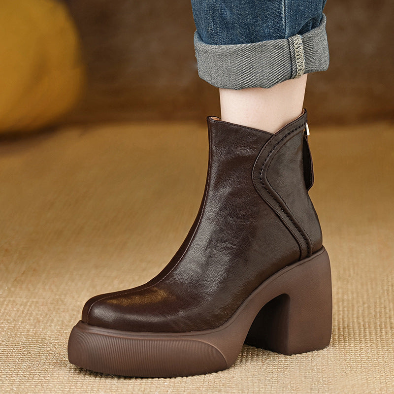 Waterproof Platform Round Head Ankle Female Soft Comfortable Women's Leather Boots