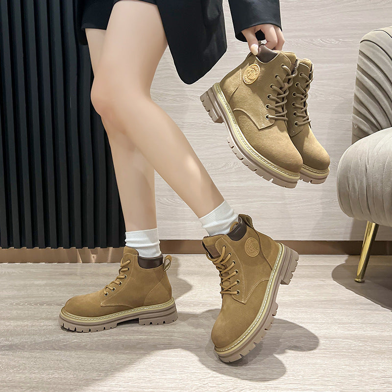 Women's Soft Bottom Retro Short Cow Suede Women's Leather Boots