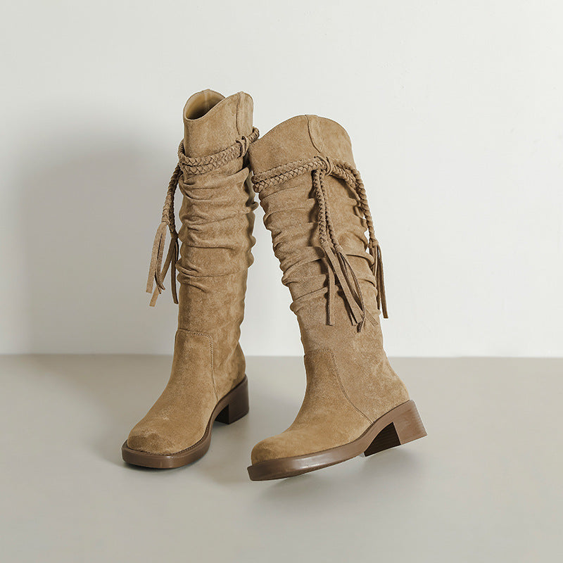 Long Female Vintage Tassel Woven Waste Soil Style Knight Thick Heels