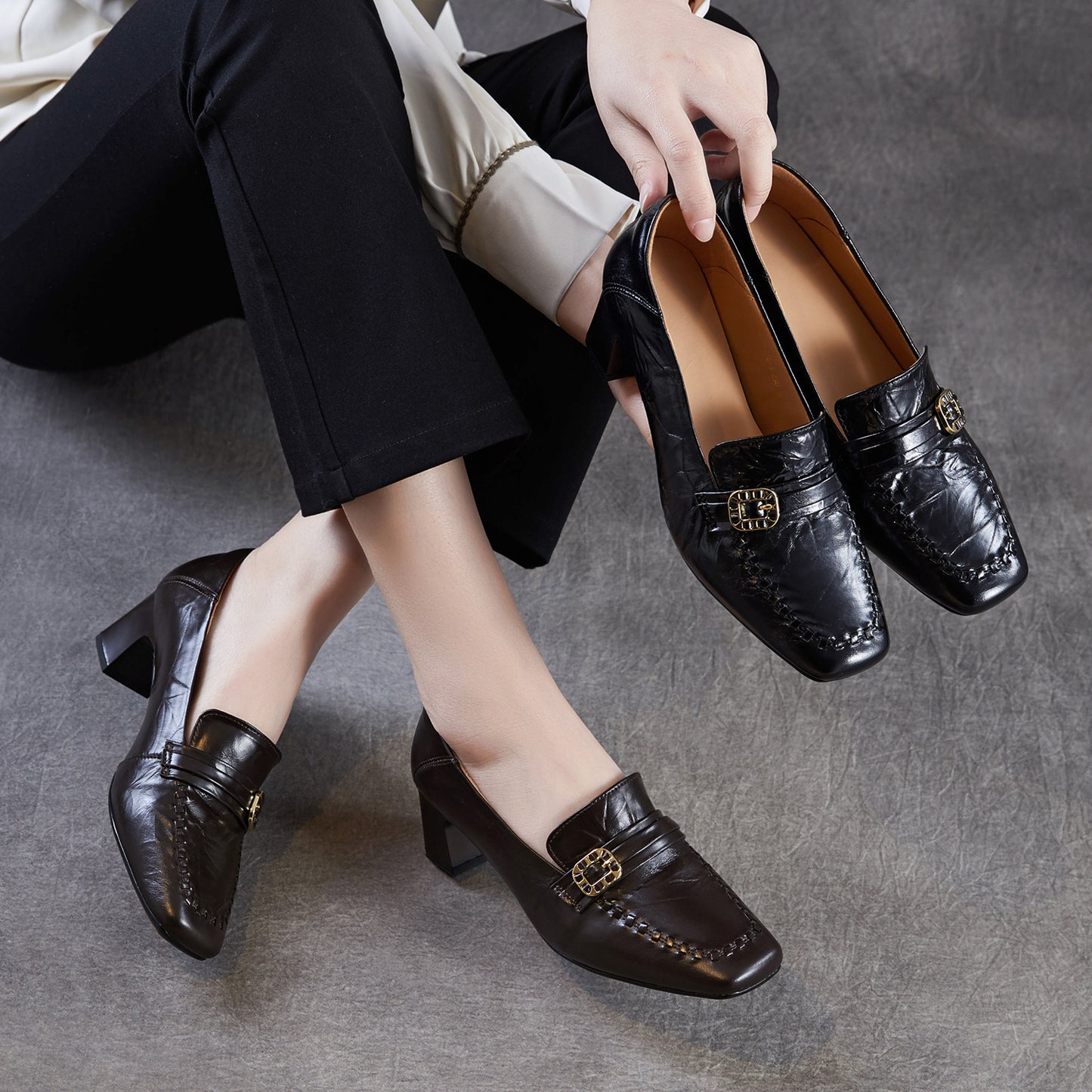 Women's Cowhide Light Luxury British Spring Comfortable Square Toe Slip-on Chunky Heels