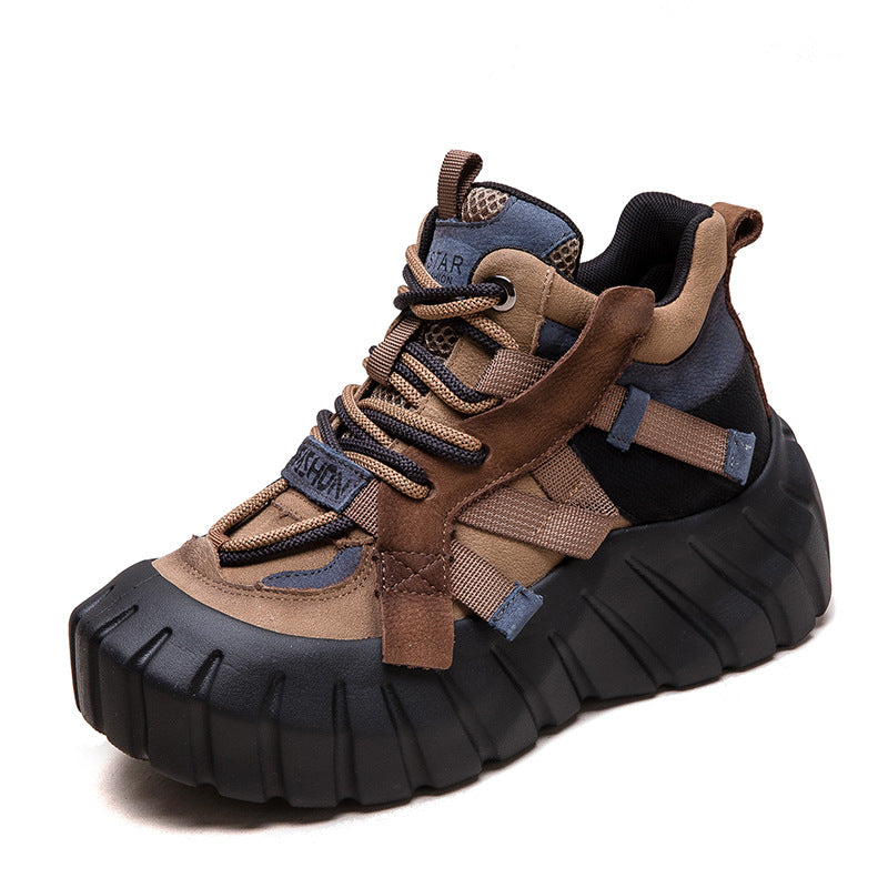 Women's Winter Color Matching Platform Fashion Clunky Women's Leather Boots