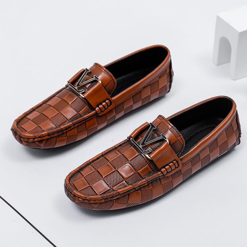 Men's Business Slip-on Flat Driving Plaid Cowhide Casual Shoes