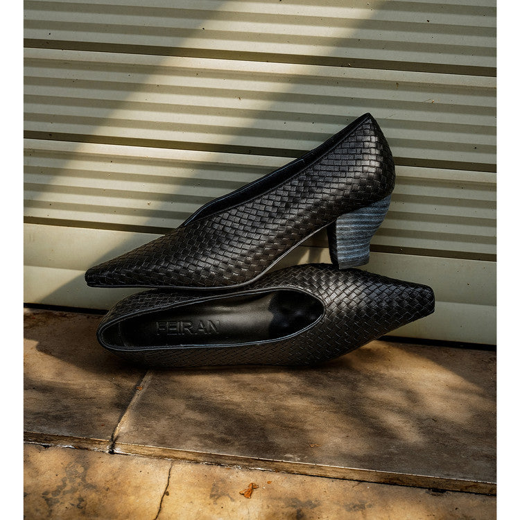 Women's Woven Pumps Thick Kitten Early Spring Genuine Square Toe Low-cut Women's Fashion Shoes