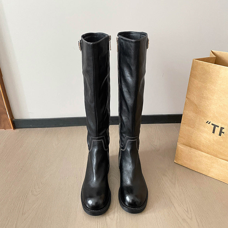 Retro Platform Knight High Pleated Soft Tube Widened Long Women's Leather Boots