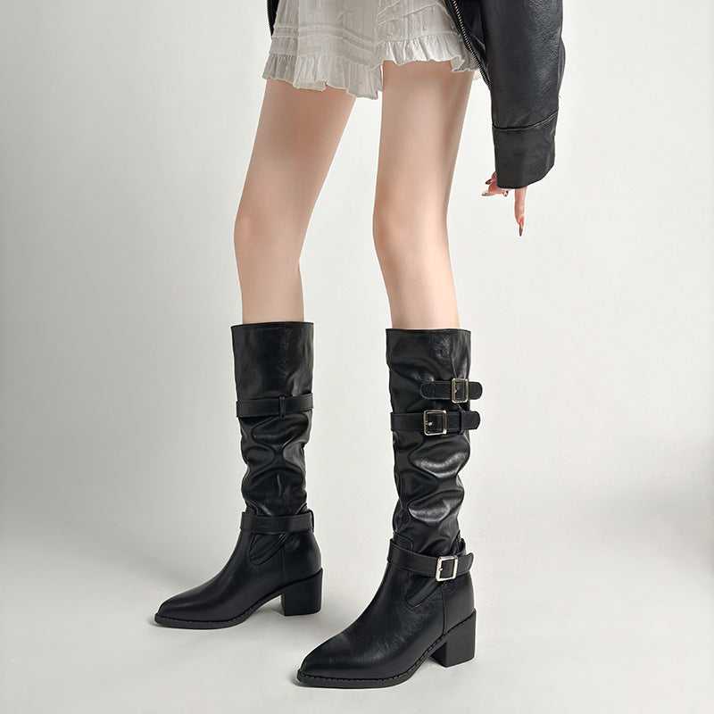 Women's Invisible Height Increasing Insole Retro Slimming Knee-high Below Women's Leather Boots
