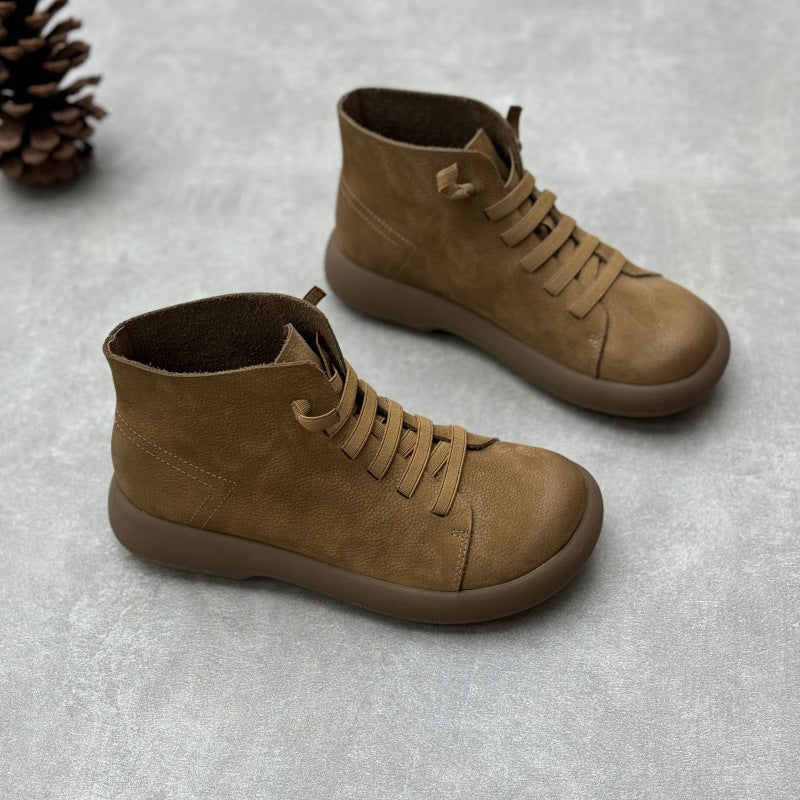 Women's Crafts Round Toe Flat Bottom Elastic Slip-on First Layer Women's Leather Boots