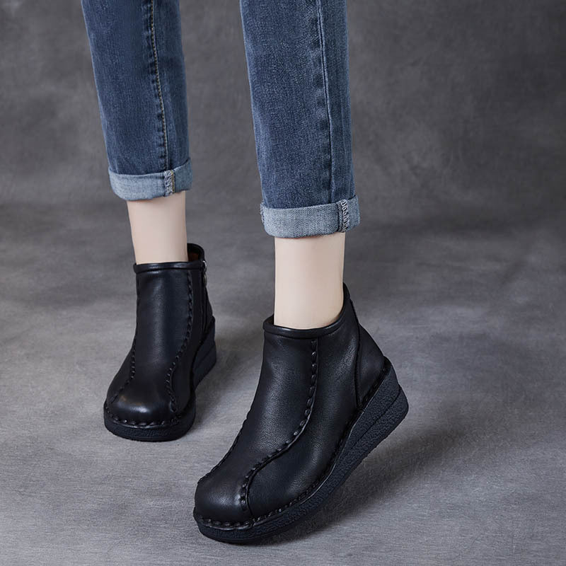 Women's National Style Vintage Soft Bottom Wedge Short Thick Mid Women's Leather Boots