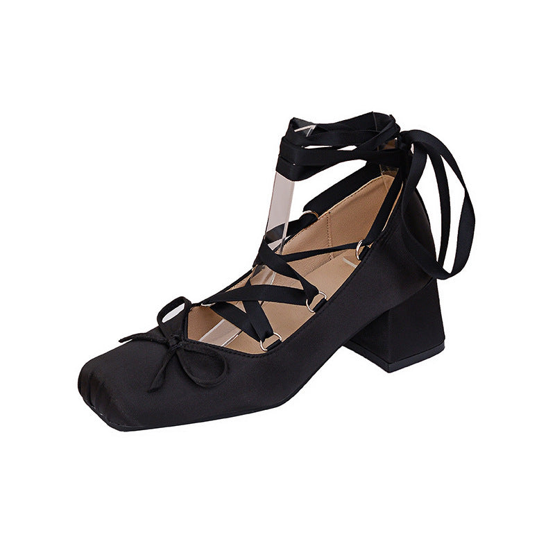 Chunky Pink Cross High Ballet Style Outside Heels