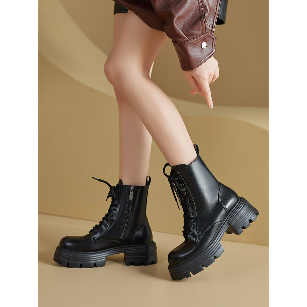Thick Bottom Female Fleece-lined British Style Retro Round Women's Leather Boots