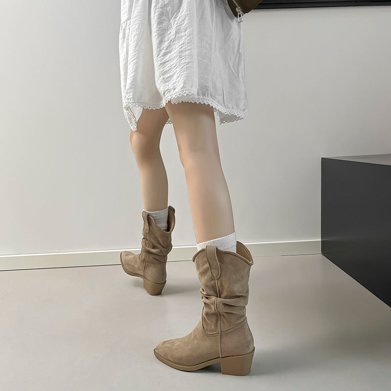 Women's Vintage Suede Pointed Toe Pile Style Short For V Cut Women's Leather Boots