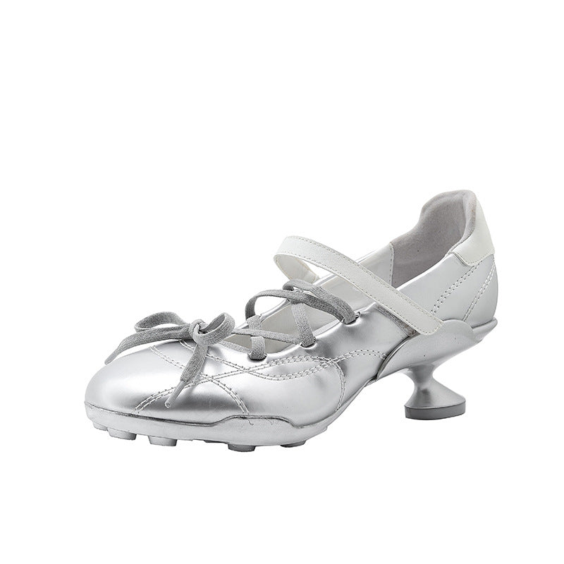 High-grade Sier Functional Sports Style Ballet Chunky French Pumps Design Women's Fashion Shoes